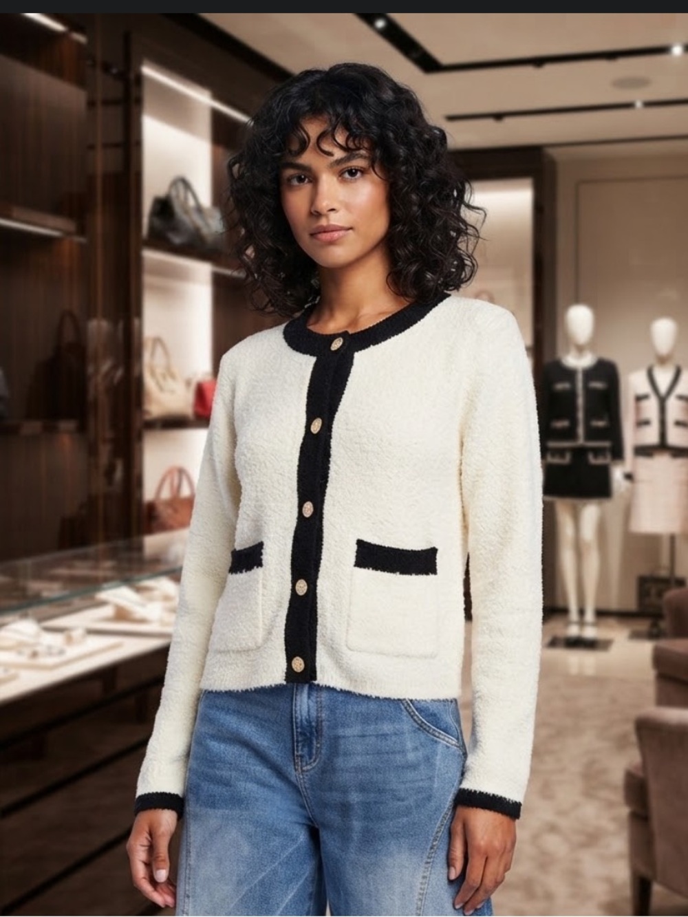 💕Easel Women's Cream and Black Button-Up Sweater